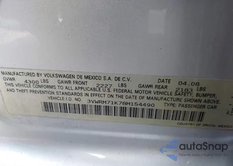 2008 Volkswagen Jetta Se from USA, damaged, VIN 3VWRM71K78M154490